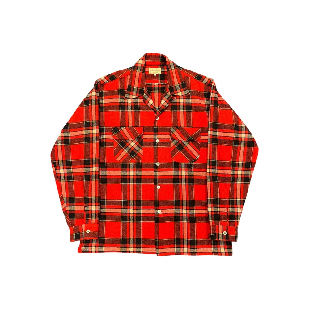 Manhattan Flannel Shirt Mens L Red Good Vintage Wool Blend Plaid Camp Collar